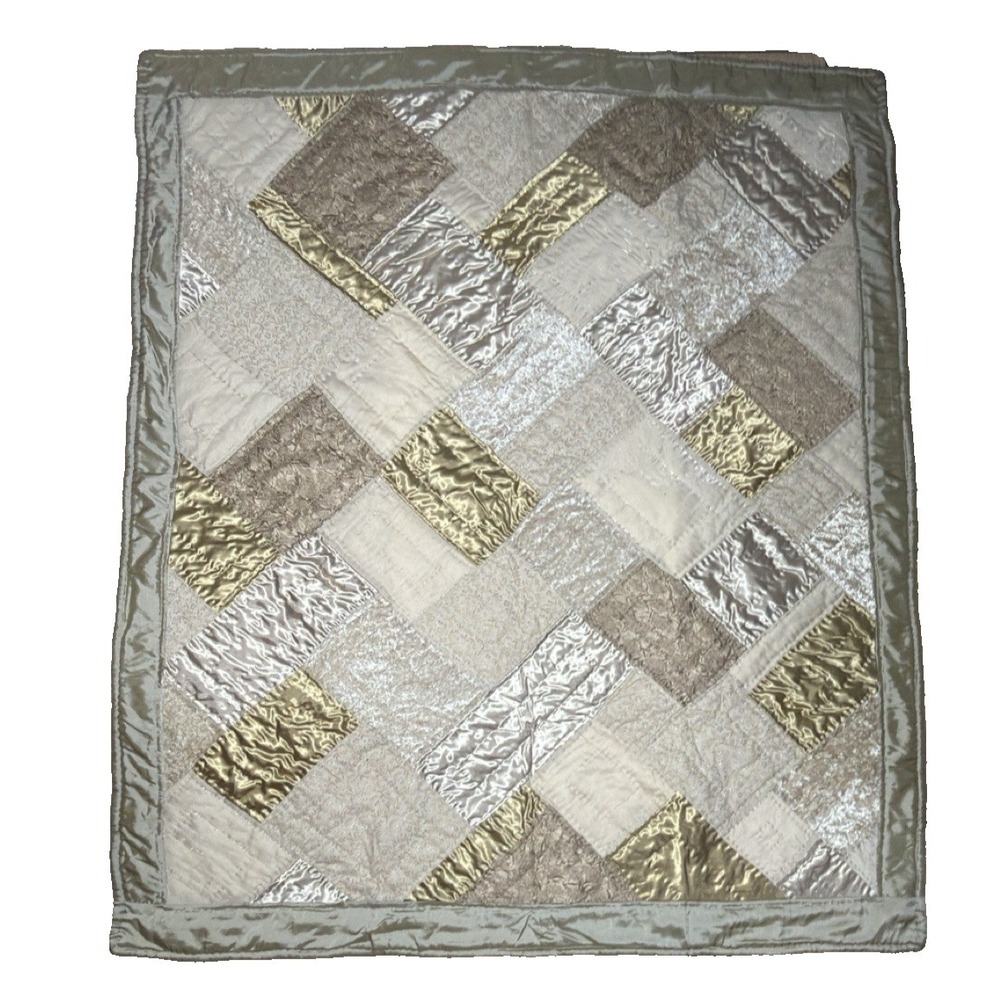 Vtg Patchwork‎ Throw Blanket Metallic Sateen Quilted Velvet Floral